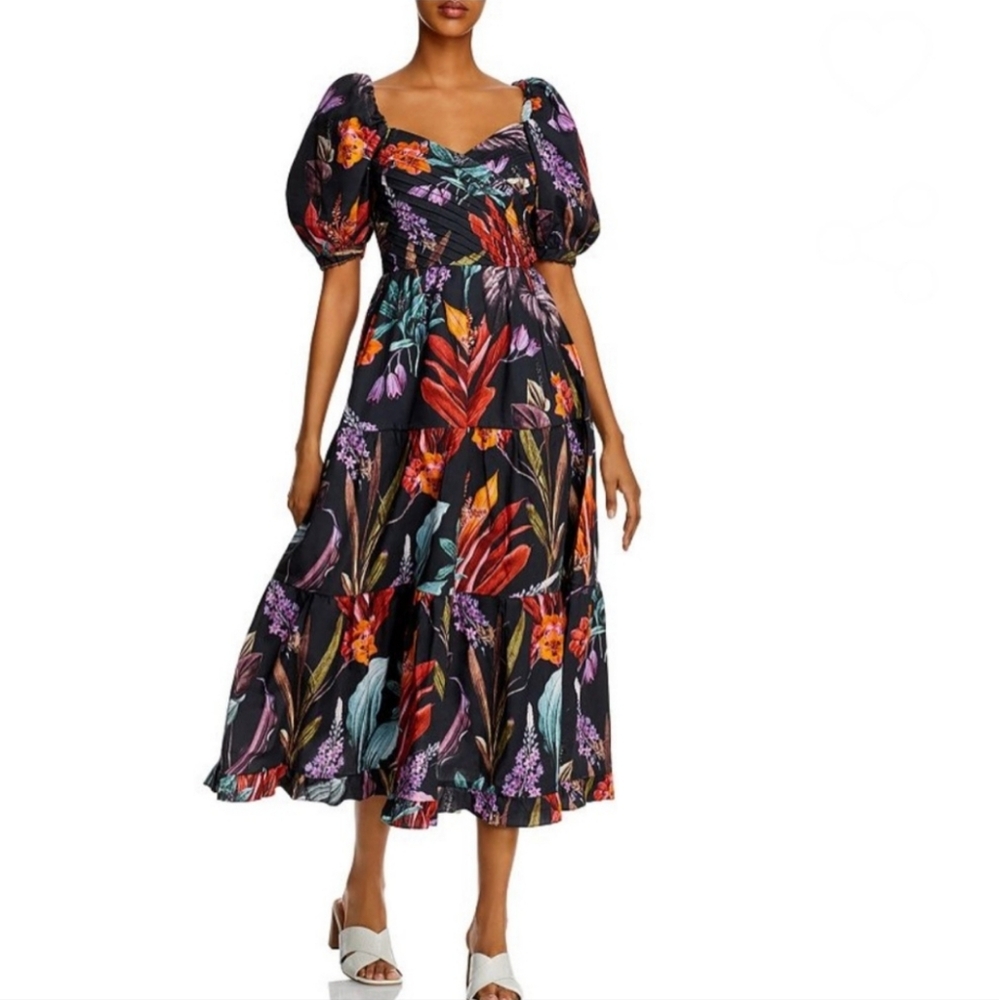 Atelier 17.56 Concordia Navy Orange Tropical Floral Printed Midi Dress